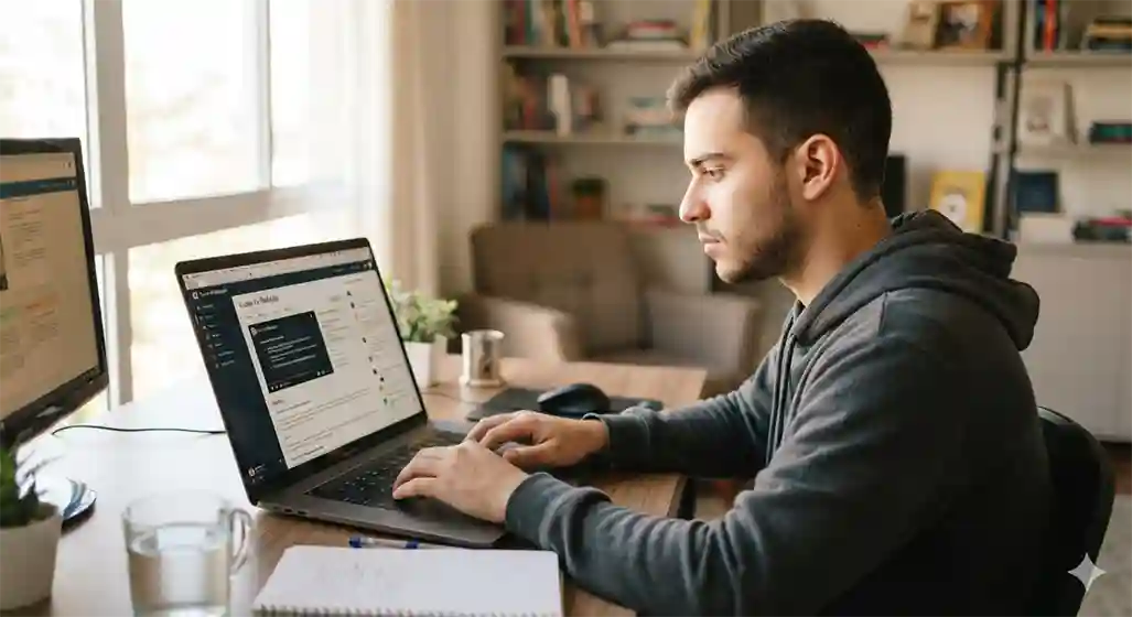 Estudante online focado no notebook